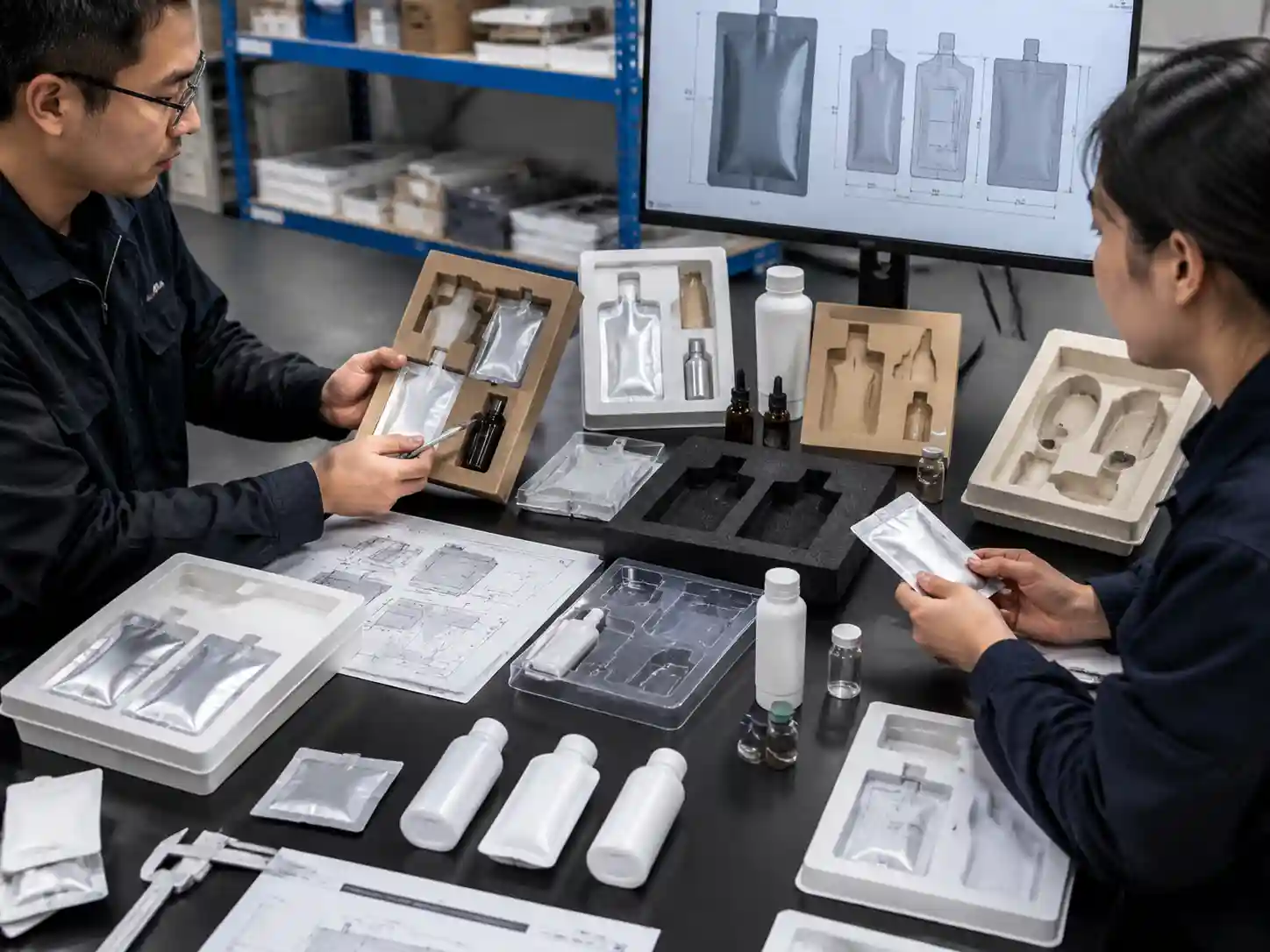 Packaging engineers reviewing sachet advent calendar compartment designs with insert samples and cavity measurements