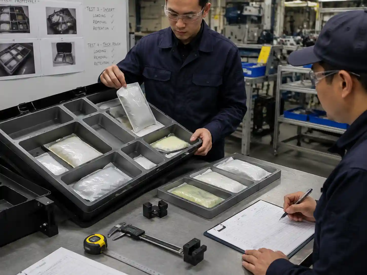 Technicians testing sachet insert prototypes for fit and removal performance