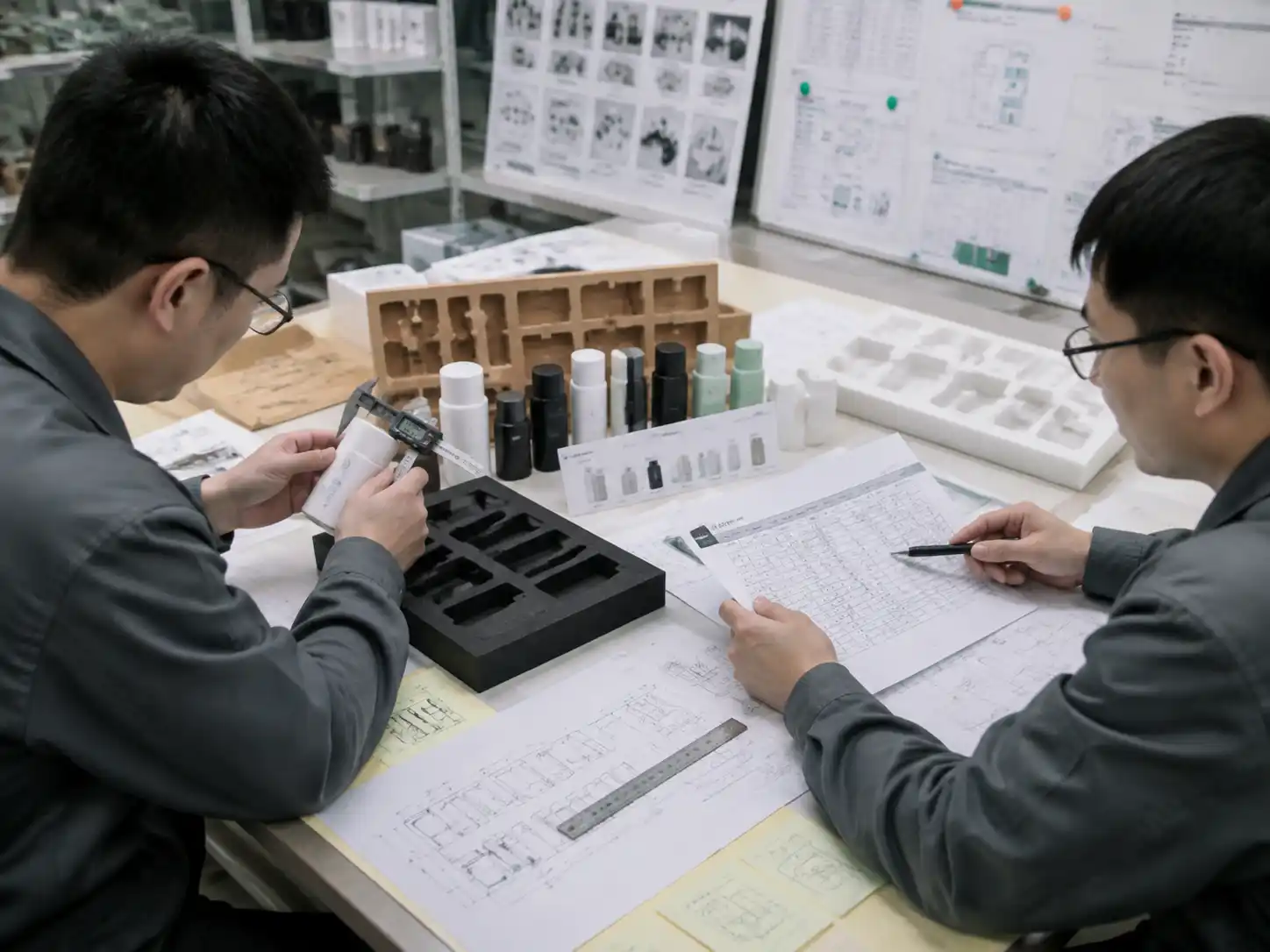 Packaging engineers reviewing variable product size insert design with product measurements, cavity drawings, and prototype inserts.
