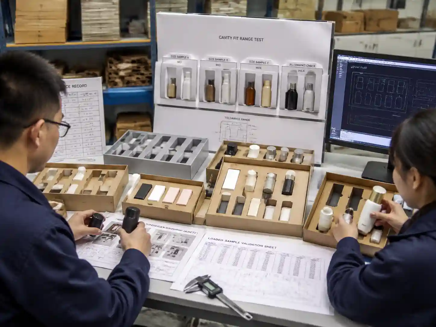 Engineering team testing adjustable compartment prototypes for changing product dimensions before production.