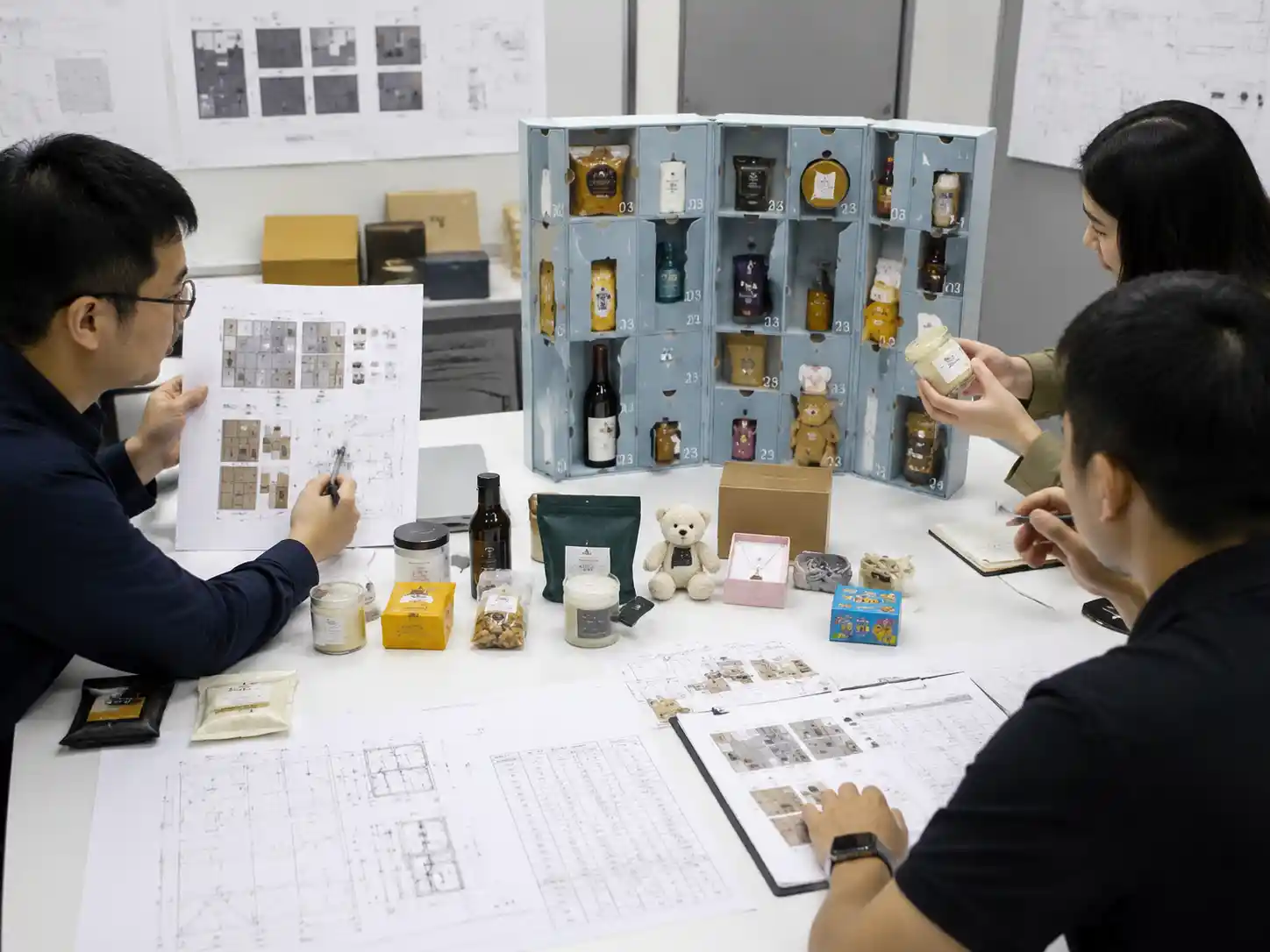 Packaging specialists reviewing a mixed item corporate gift calendar prototype with compartment layouts and product fit records.