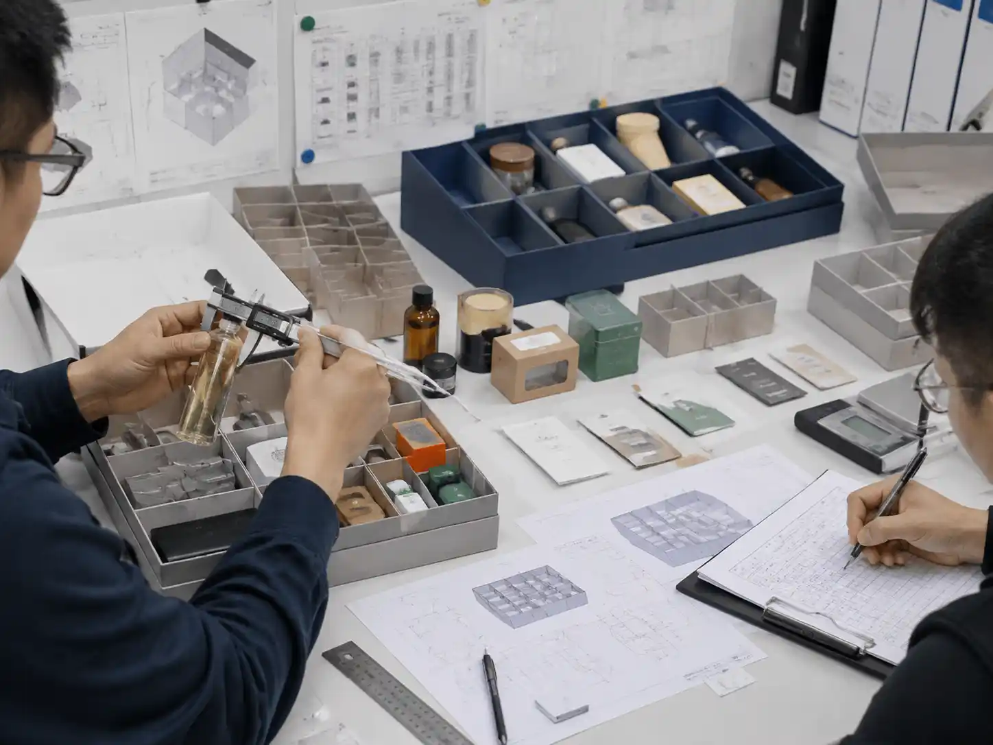Packaging engineers testing compartment structures and measuring mixed gift item fit for a corporate calendar design.