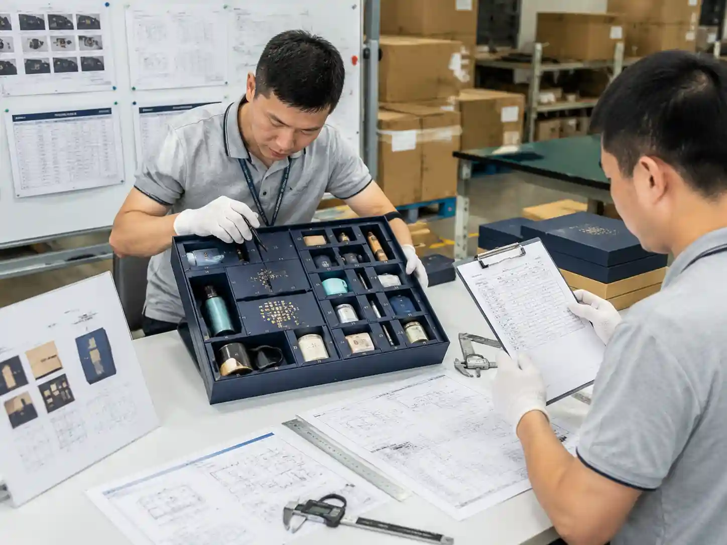 Quality inspectors verifying mixed item advent calendar packaging with measurement records and inspection documents.