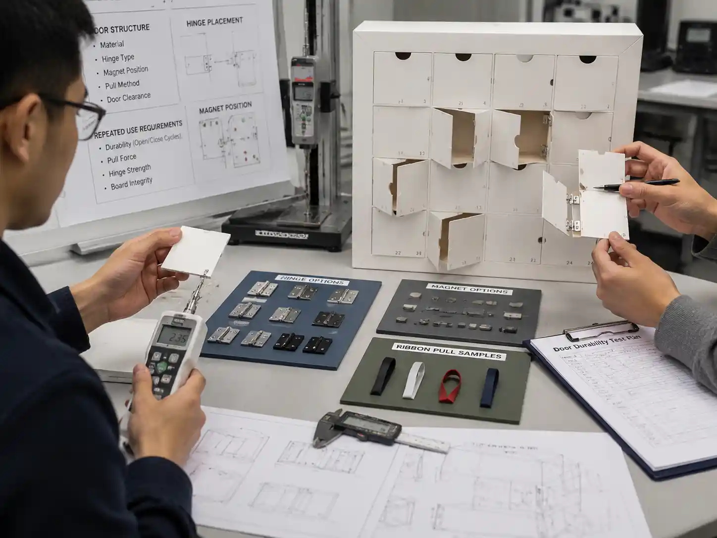 Packaging engineers reviewing advent calendar door prototypes, hinges, magnets, and durability design checks.