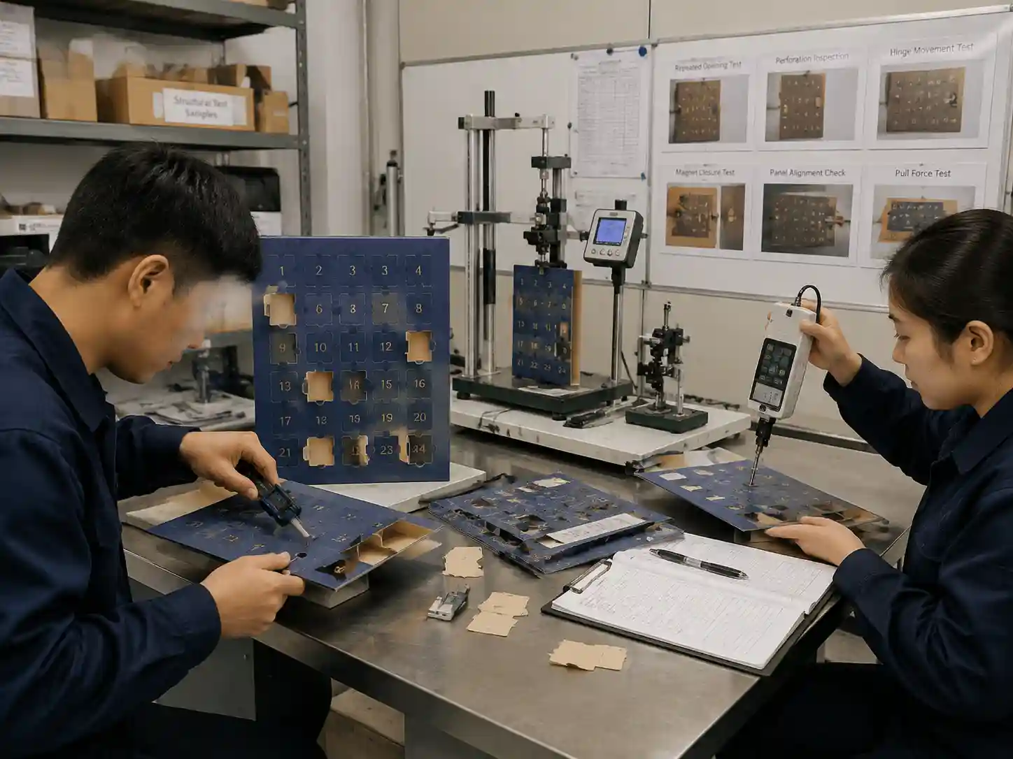 Technicians performing advent calendar door opening durability testing on prototype samples.