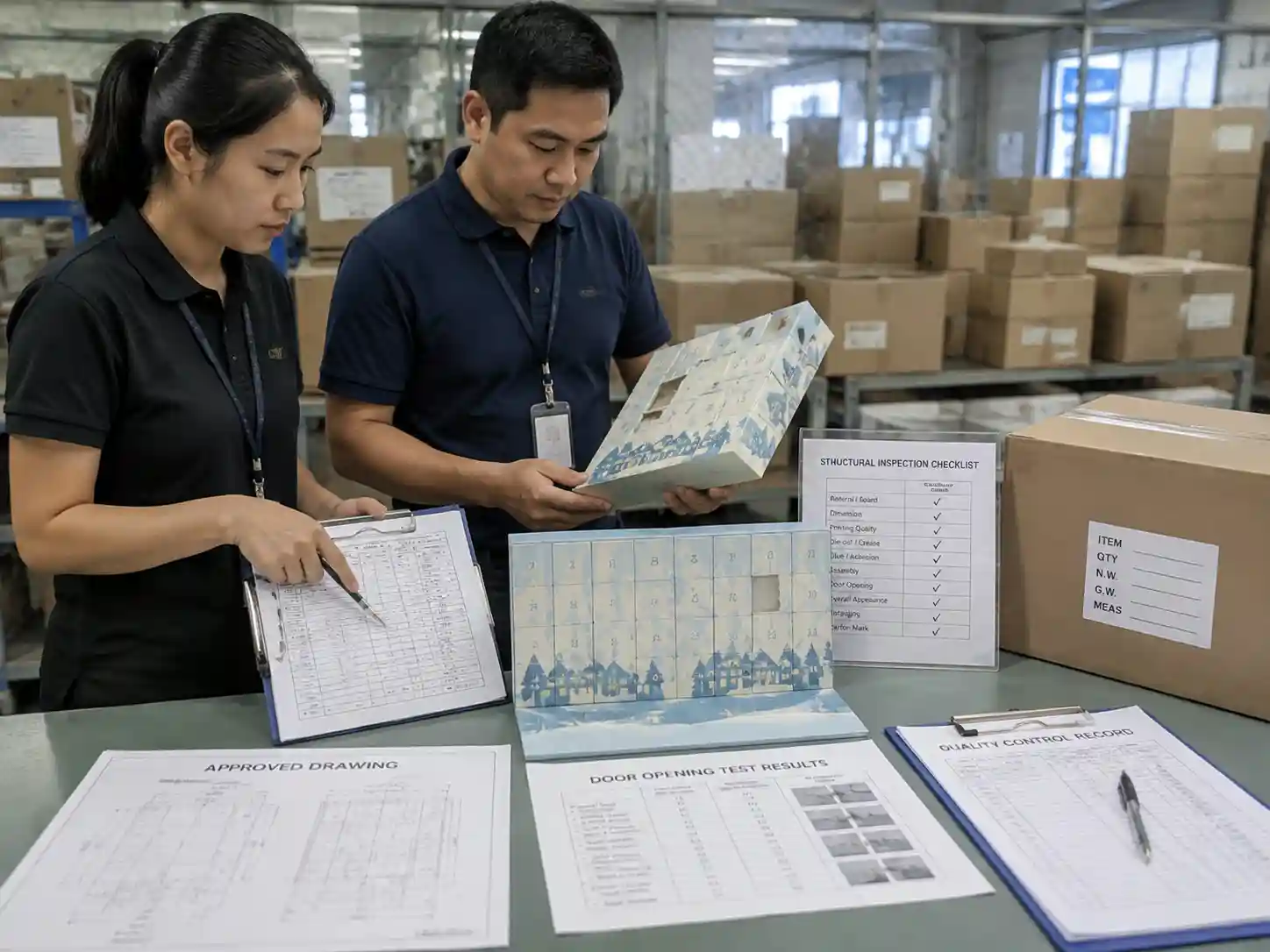 QC staff verifying advent calendar door durability records, measurements, samples, and packaging inspection documents.