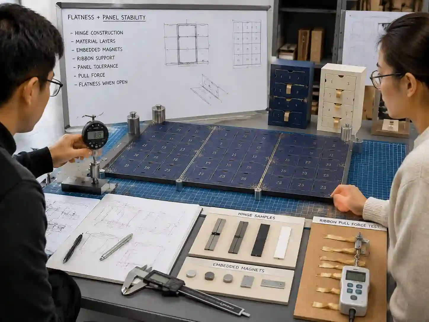Packaging engineers reviewing fold-out advent calendar panel balance, hinge design, and flat opening structure with prototypes and drawings.
