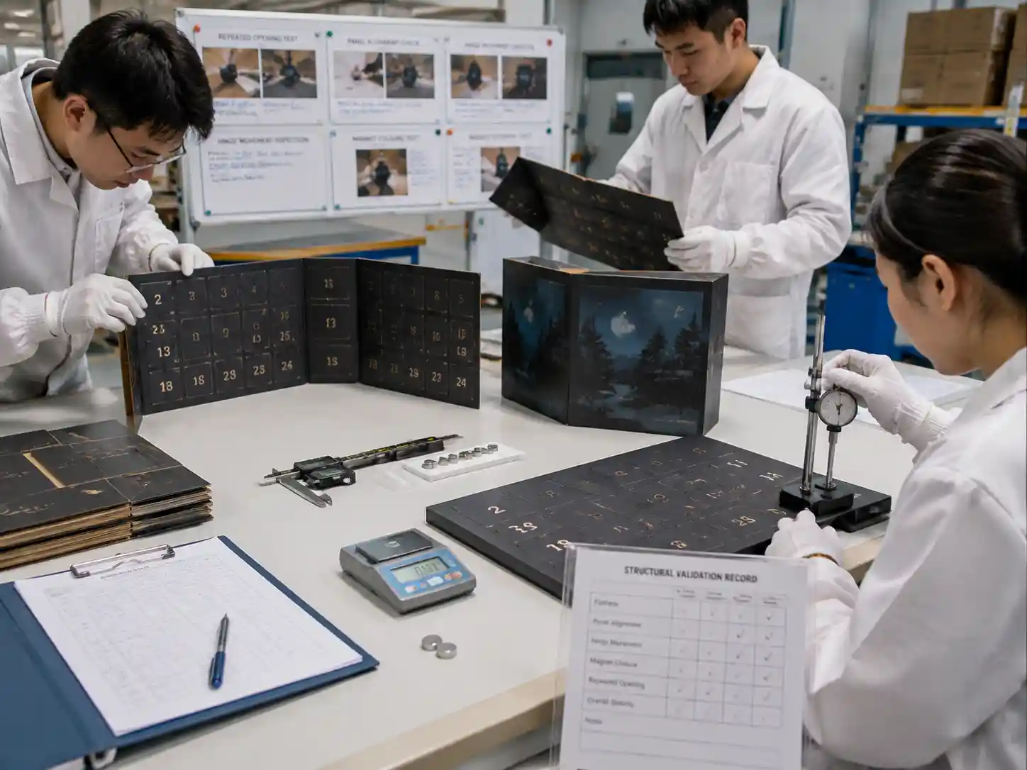 Technicians testing fold-out advent calendar prototypes for panel alignment, hinge movement, and open flatness performance.