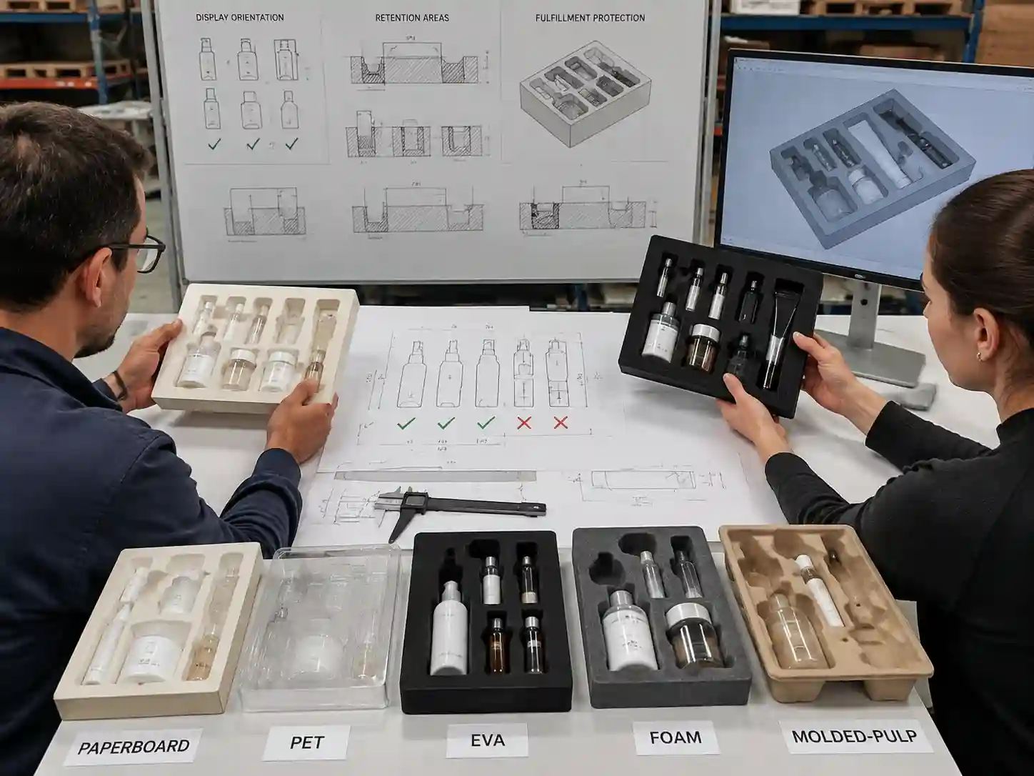Packaging engineers reviewing display fulfillment insert design with product cavities and insert samples