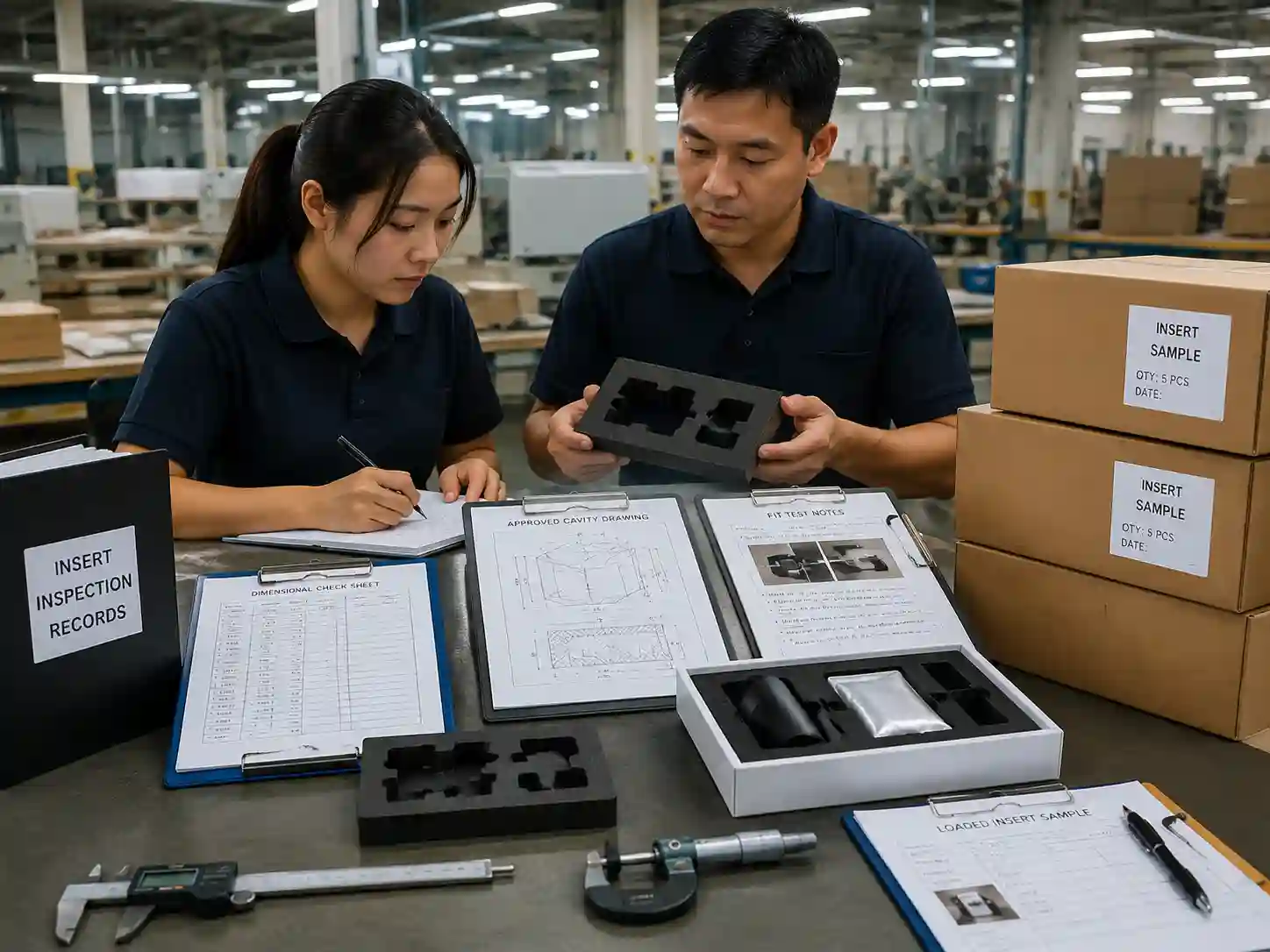 QC team verifying insert measurements, samples, and packaging fulfillment records
