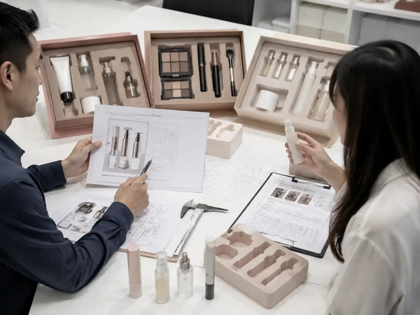 Packaging specialists reviewing secondary carton beauty inserts with mixed beauty products and fit samples.
