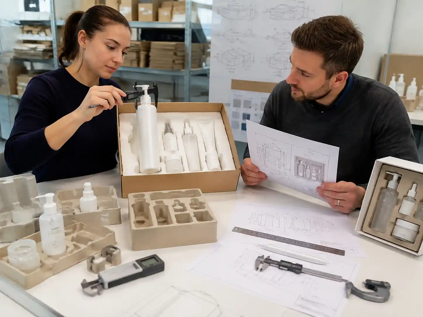 Packaging engineers testing beauty product insert prototypes with measurement tools and loaded samples.