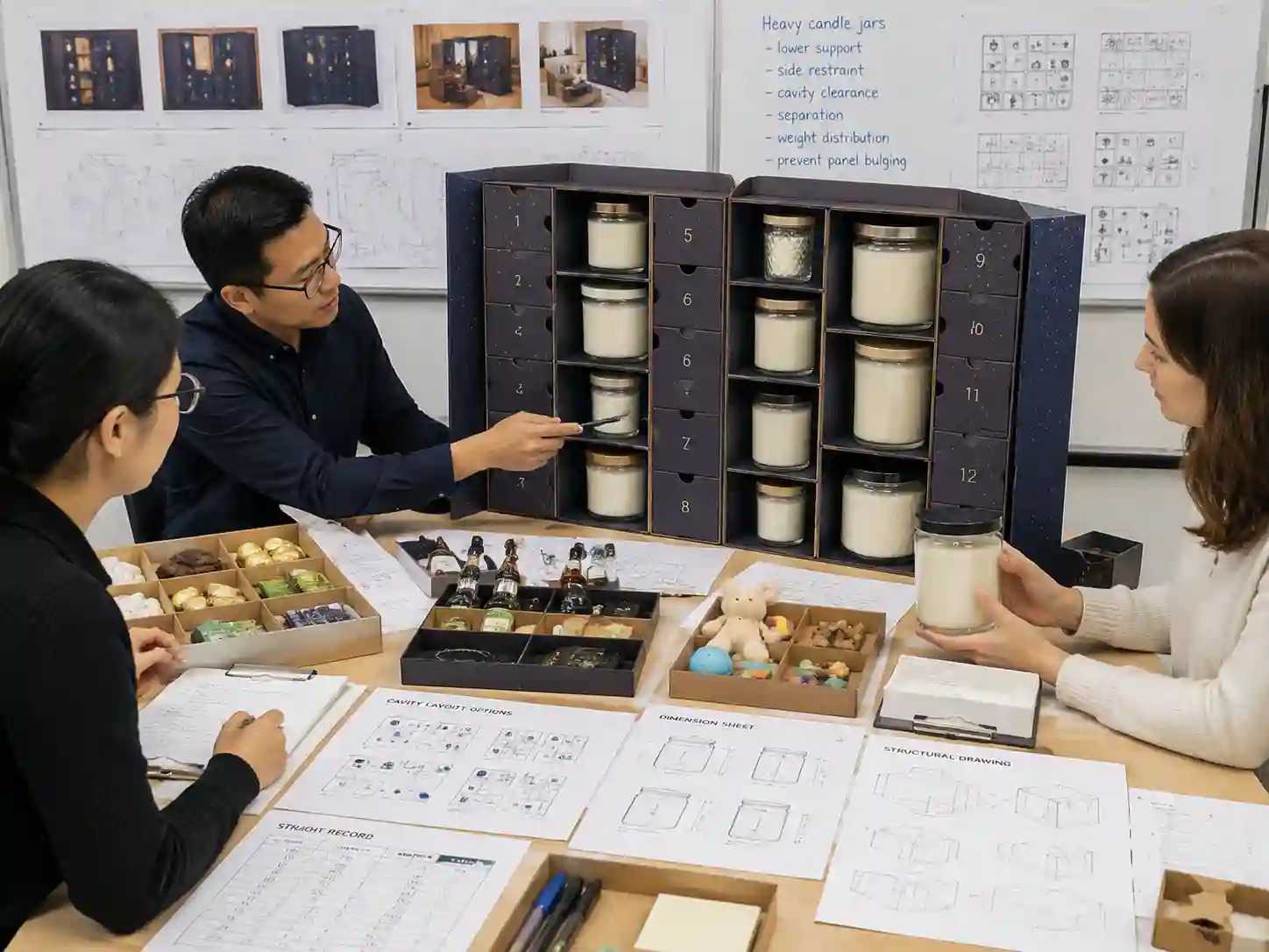 Packaging specialists reviewing a heavy candle jar insert design with loaded advent calendar samples and cavity drawings.