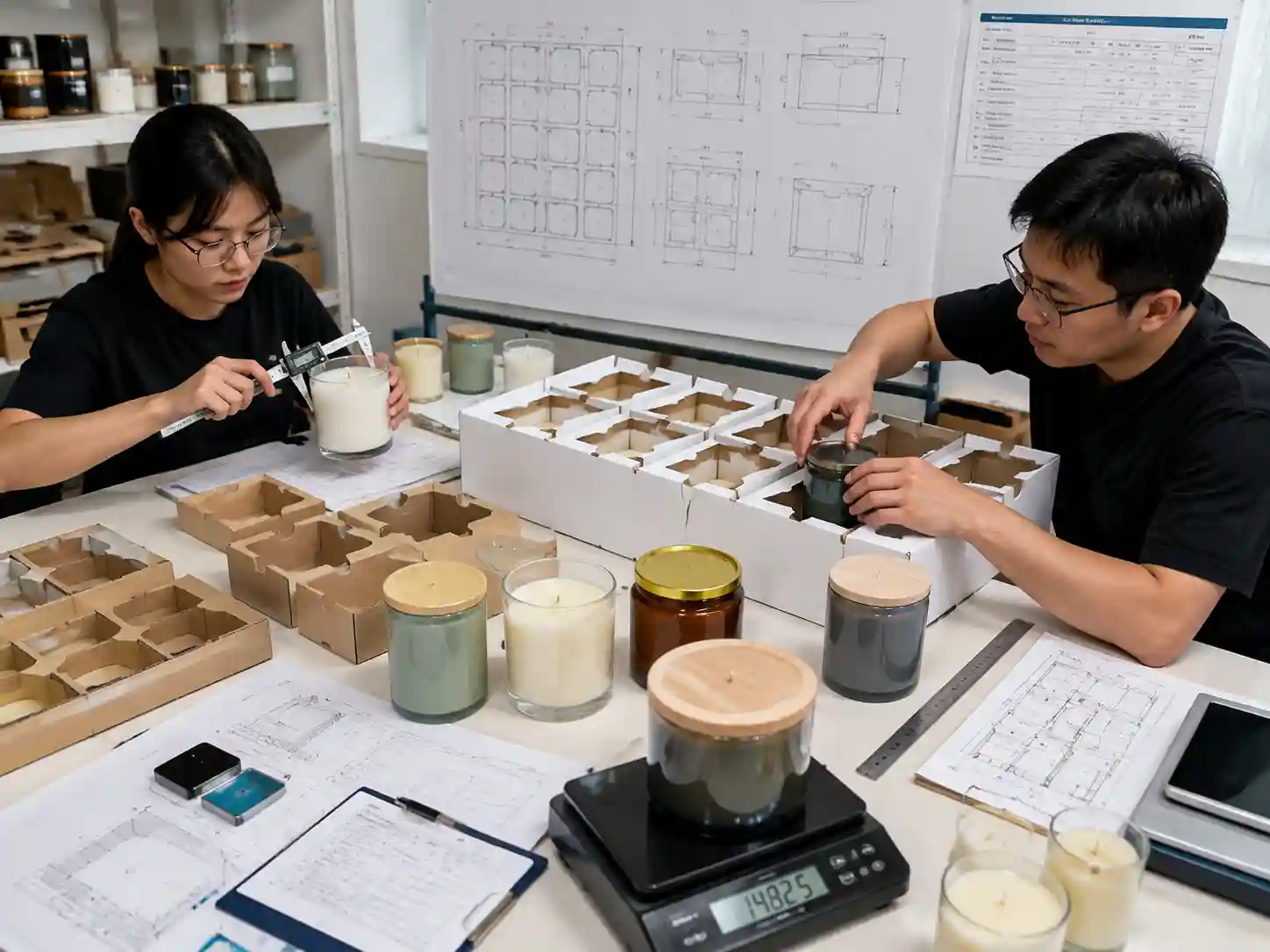 Packaging engineers testing prototype inserts for heavy candle jars using measurements and fit records.