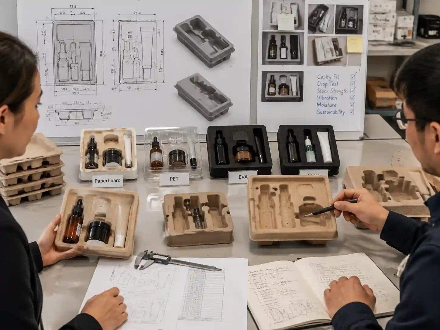 Packaging engineers reviewing molded pulp insert cavity designs for small premium products
