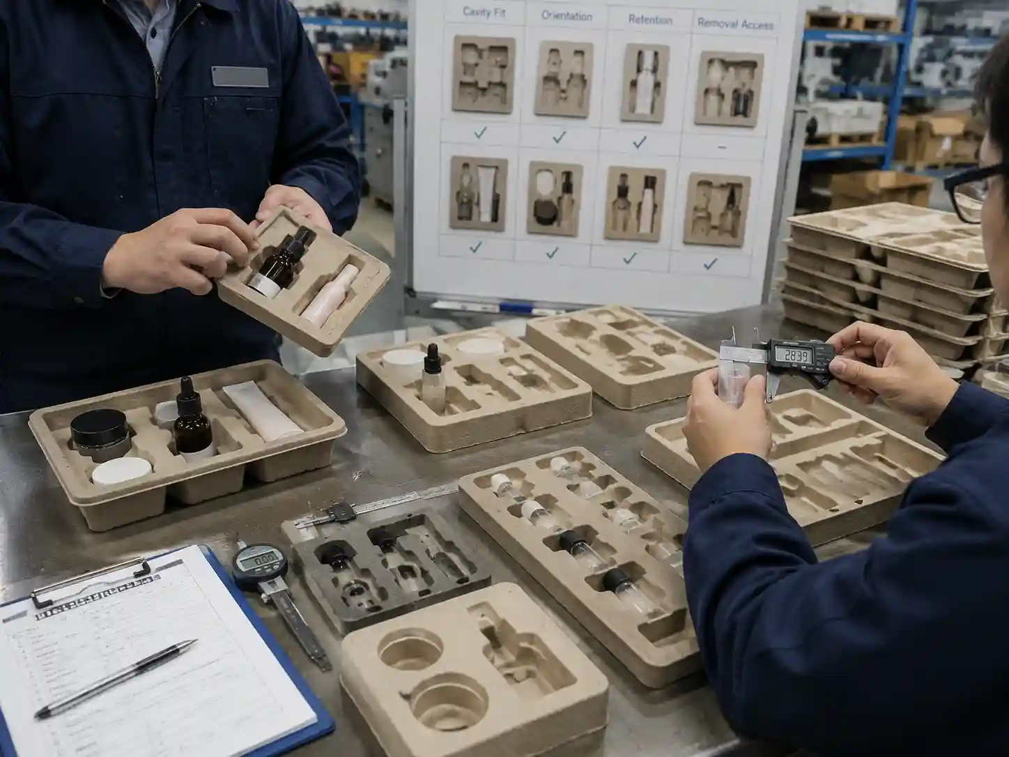 Technicians testing molded pulp insert prototypes with product fit measurements