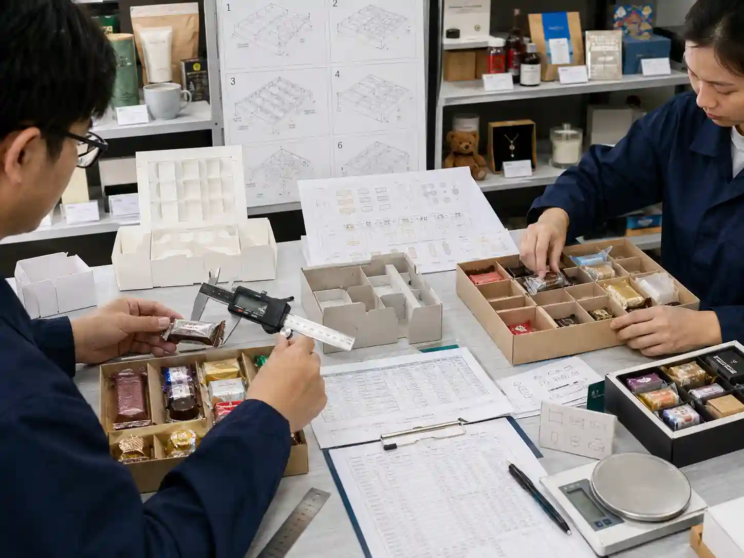 Packaging engineers measure wrapped confectionery and test prototype paper insert cavities.