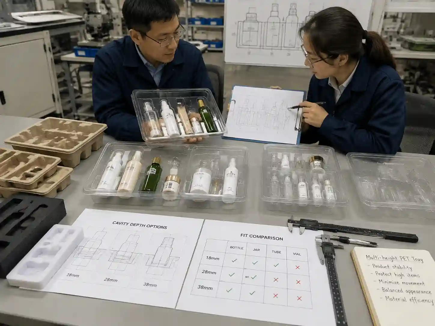 Packaging engineers reviewing PET tray prototypes for products with different heights and cavity designs