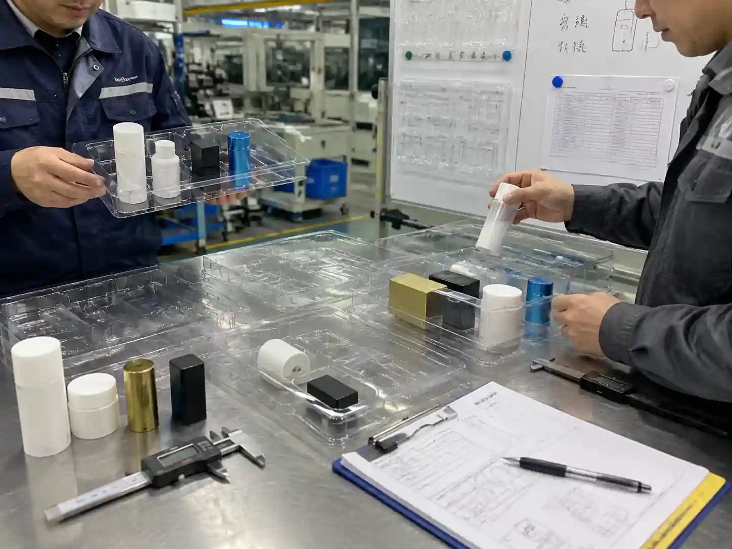 Factory technicians validating PET tray fit and stability for mixed-height products