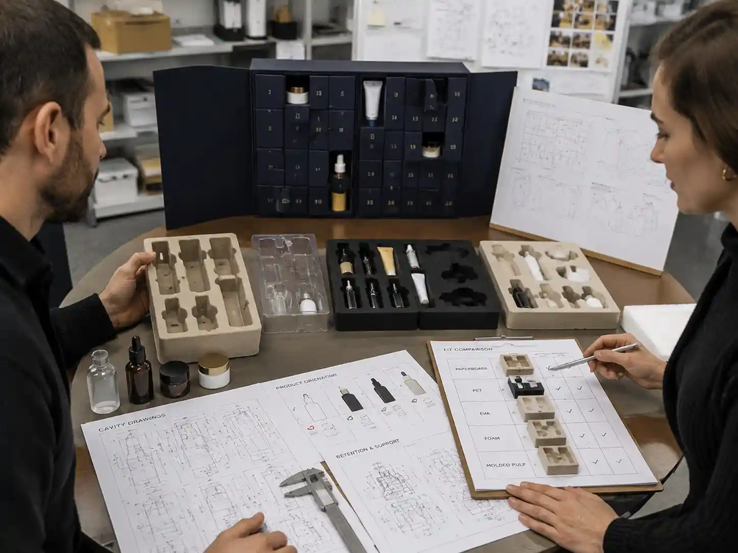 Packaging engineers reviewing removable reusable box insert designs for advent calendars with cavity samples and product fit checks