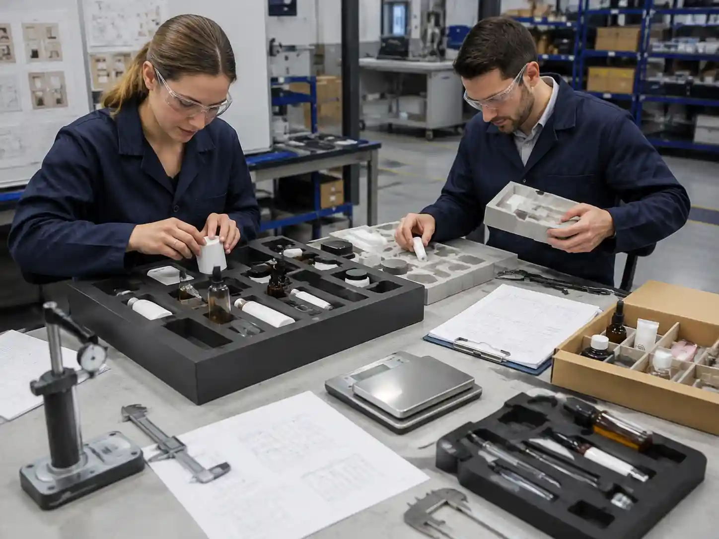 Technicians testing removable inserts for reusable advent calendars with product loading and cavity validation