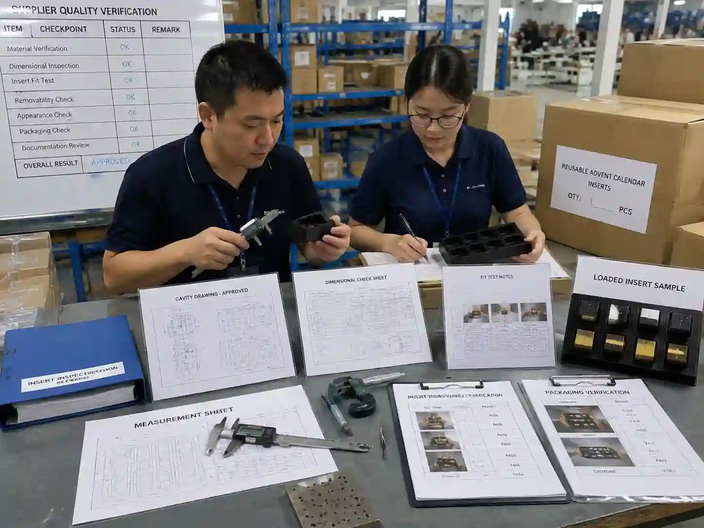 QC team verifying removable reusable box inserts with measurements, inspection records, and packaging samples
