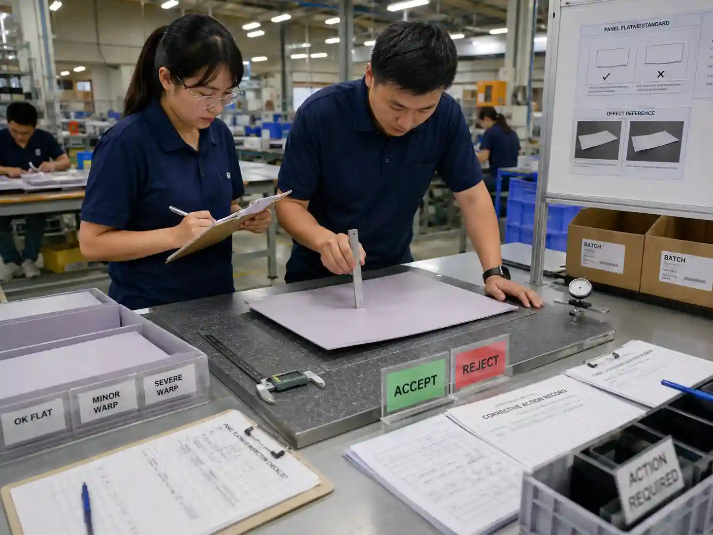 QC inspector performing warped panel production inspection before final box assembly