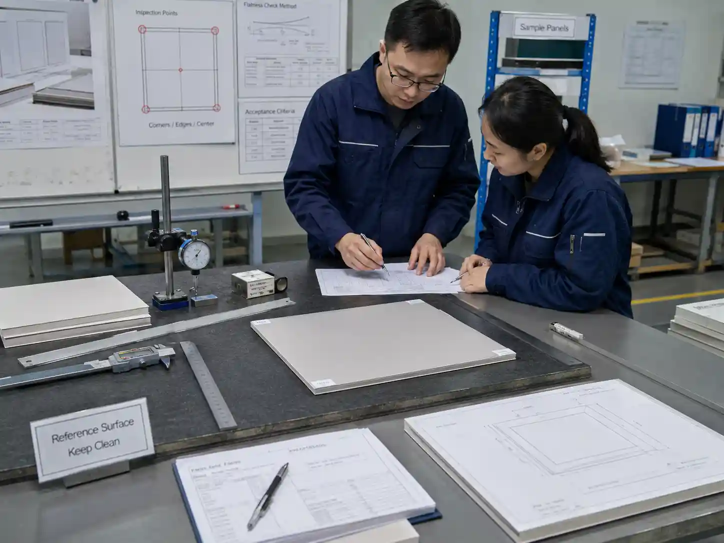 Packaging engineers defining flatness measurement points for rigid box panels