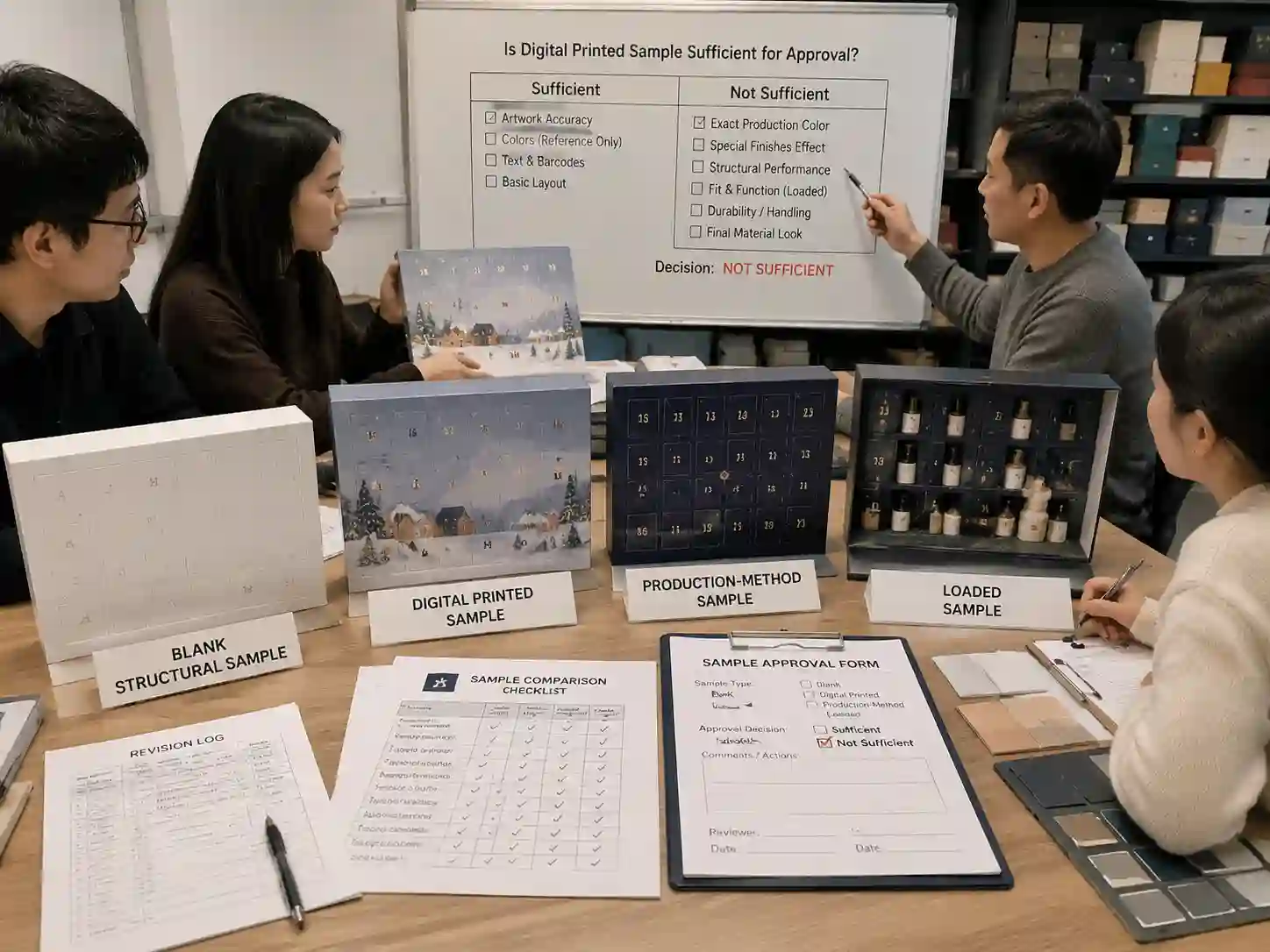 Packaging team reviewing digital printed sample approval limits with physical sample evidence and revision records.