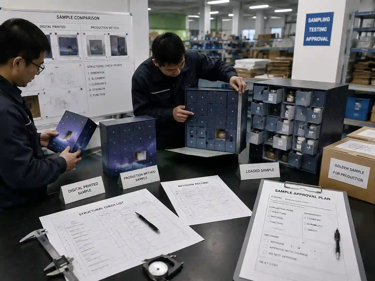 Packaging engineers testing sample stages and evaluating when digital samples require further approval checks.