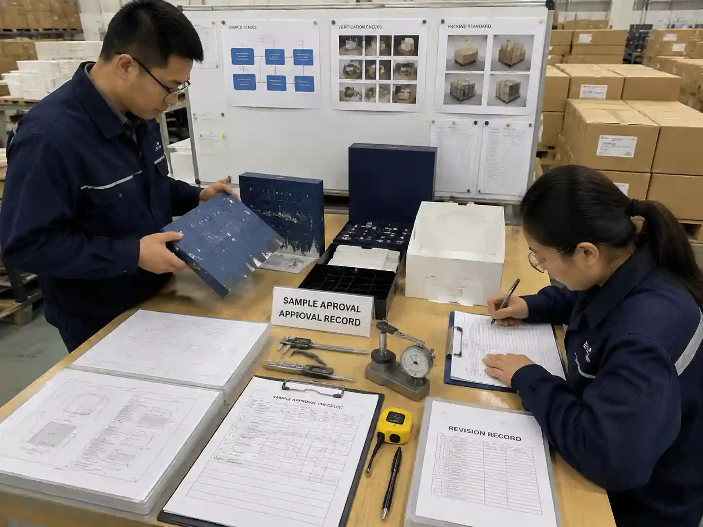 Quality control team verifying packaging sample approval records and production documentation.