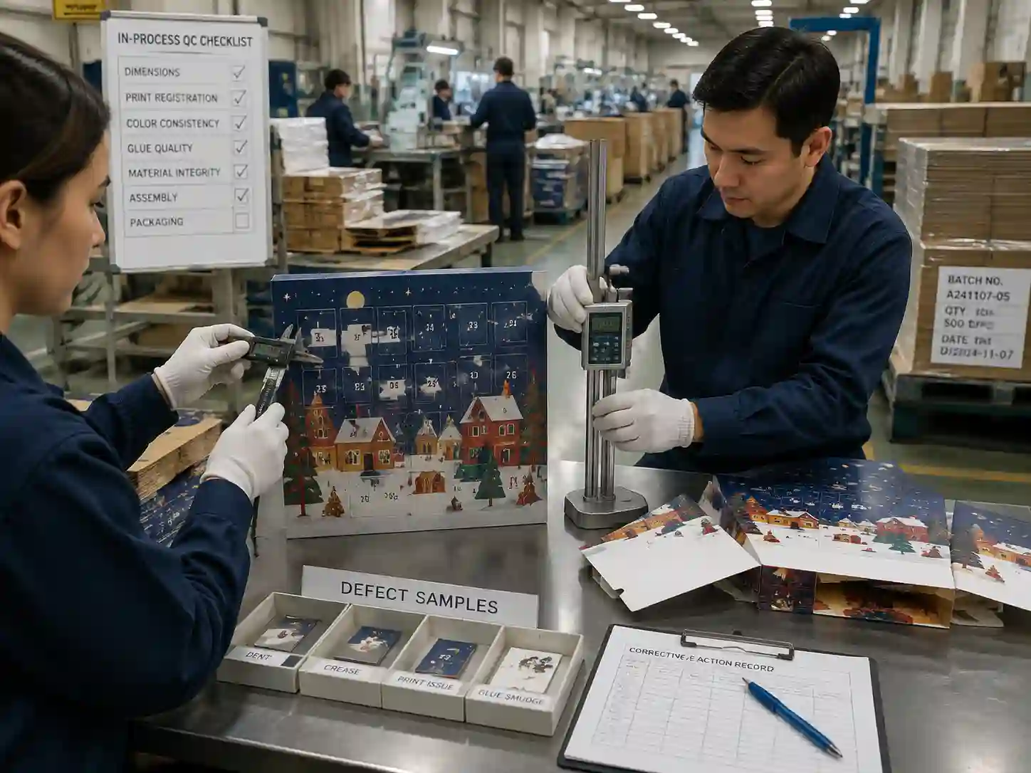 Quality inspectors measuring advent calendar box dimensions during in-process QC inspection with measurement tools and records.