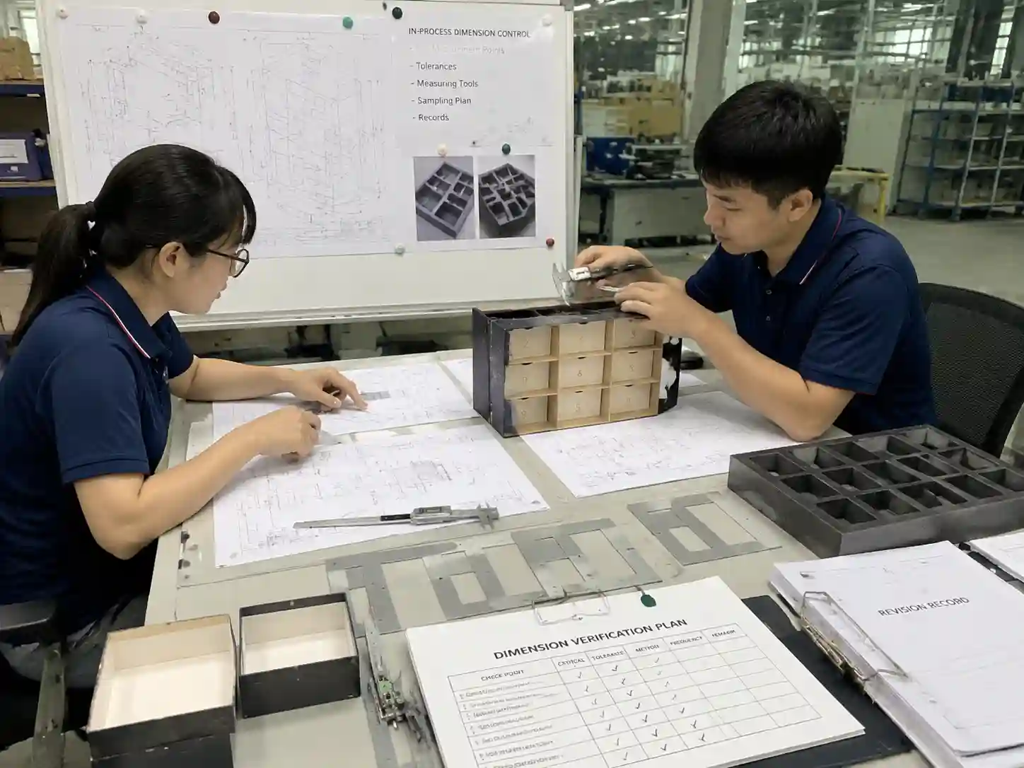 Packaging engineers preparing dimensional inspection plans with drawings, samples, and measurement tools.