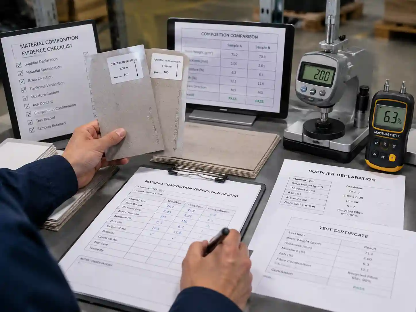 Packaging engineers reviewing packaging material composition documentation with paperboard samples, measurements, and material evidence records.