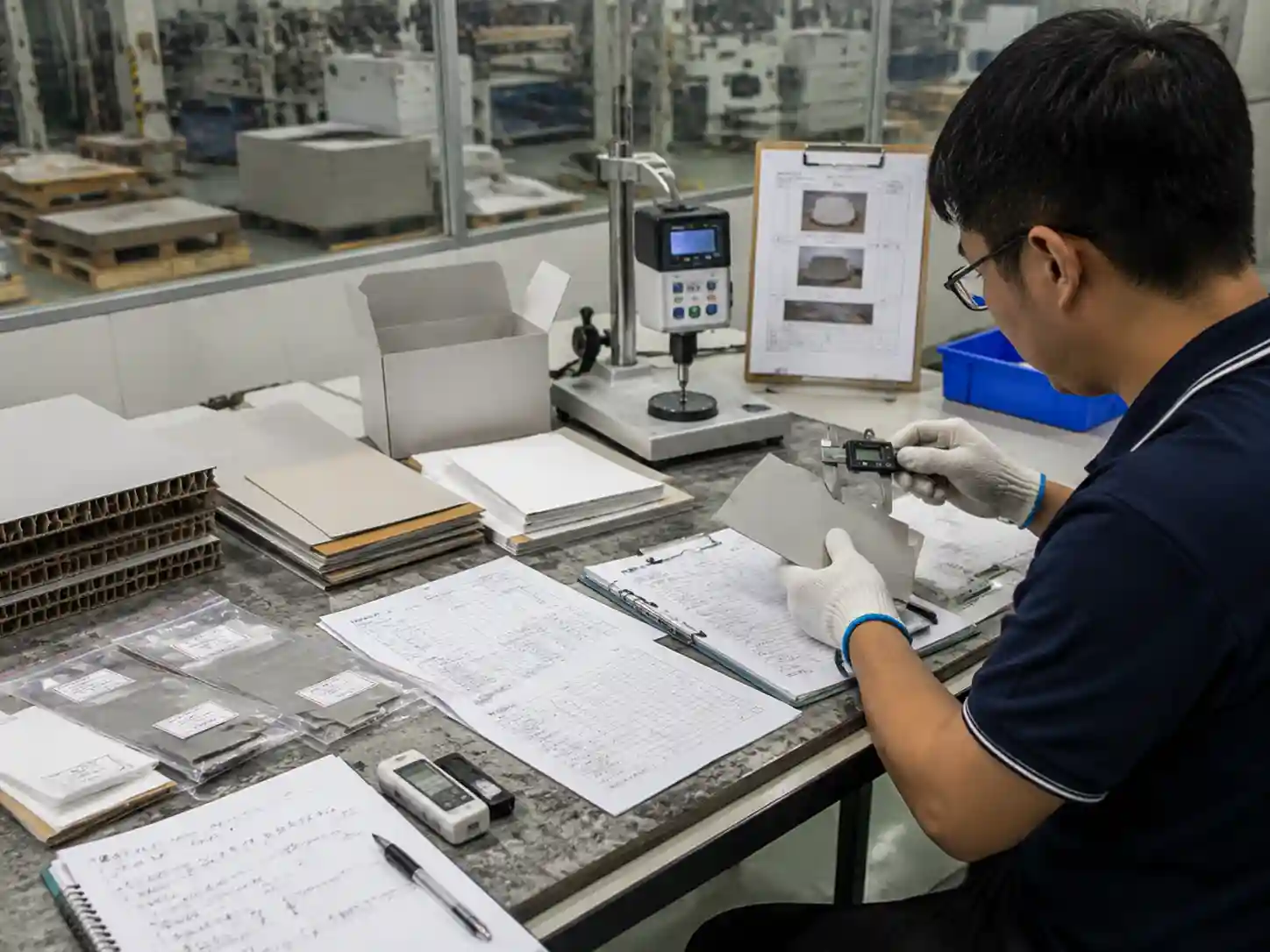 Technicians testing packaging material samples and recording composition verification measurements.