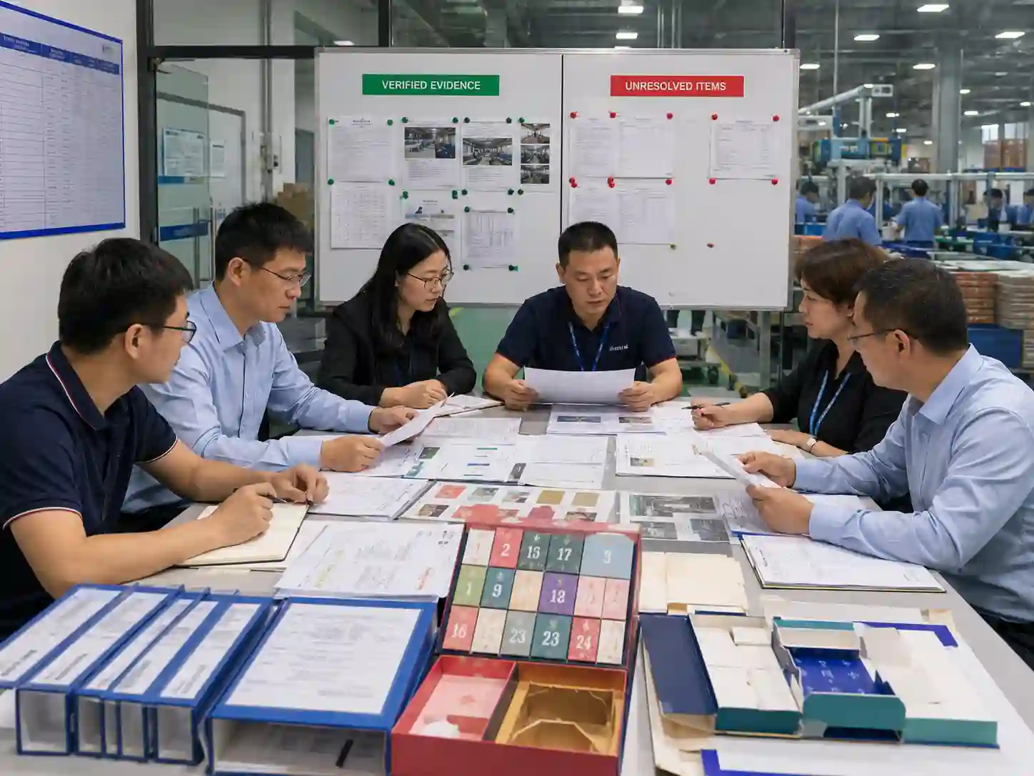 Packaging buyers and quality staff reviewing final balance payment documents and production evidence before approving payment.