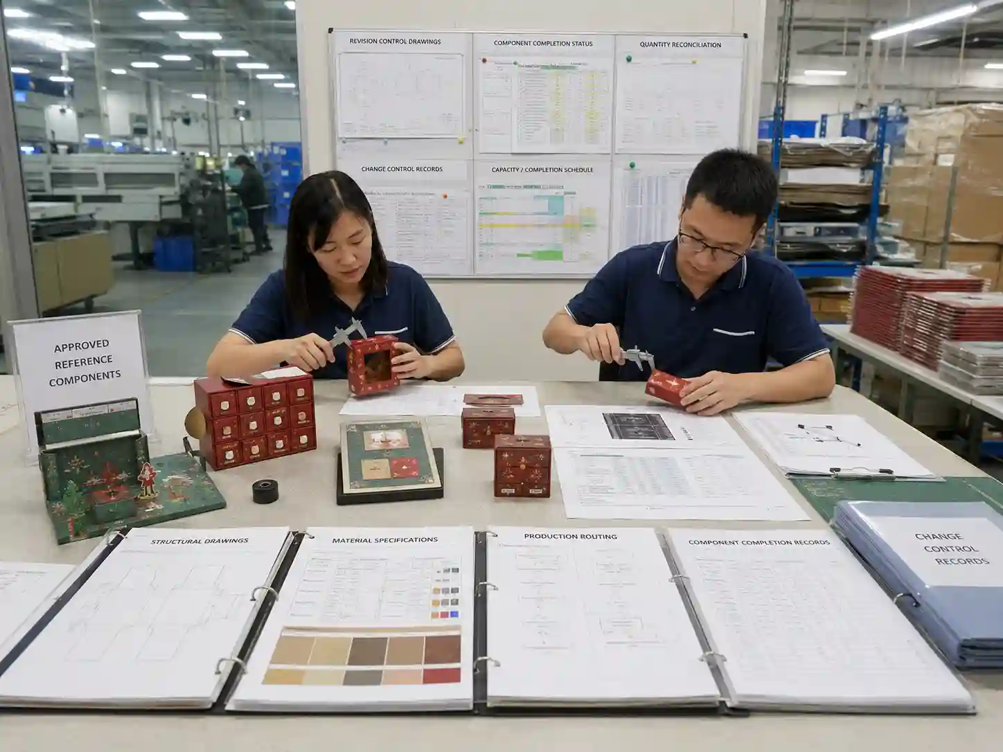 Packaging engineers checking approved drawings, measurements, production records and quantities before final balance payment.
