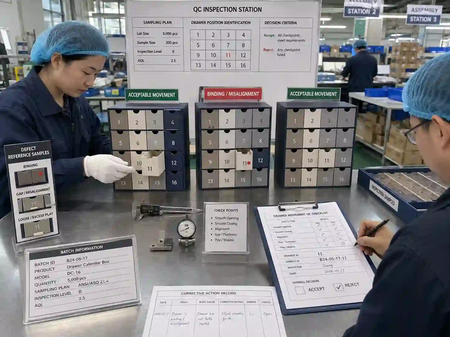 QC inspectors performing batch drawer movement inspection on advent calendar box assemblies before production approval.