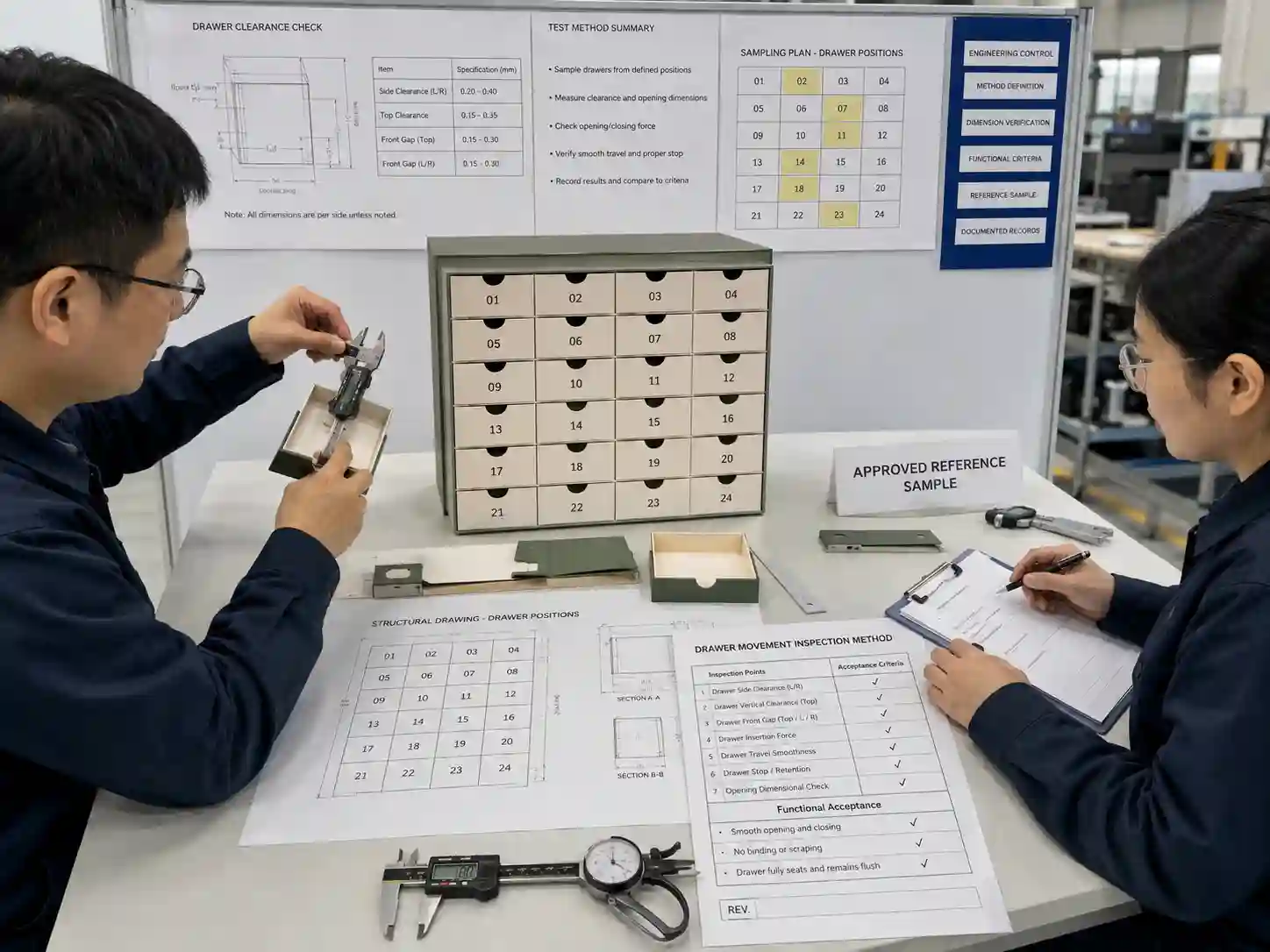 Packaging engineers defining drawer movement inspection points and functional acceptance criteria for production.
