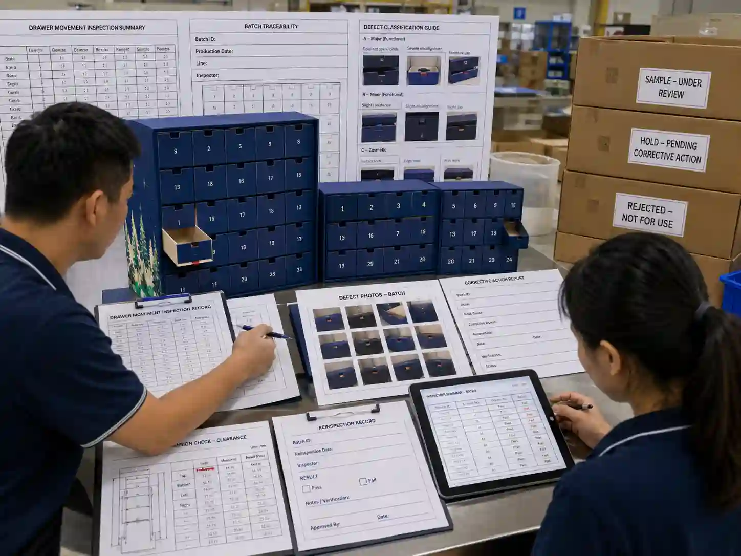 QC staff reviewing batch traceability and corrective-action records after advent calendar drawer movement inspection.