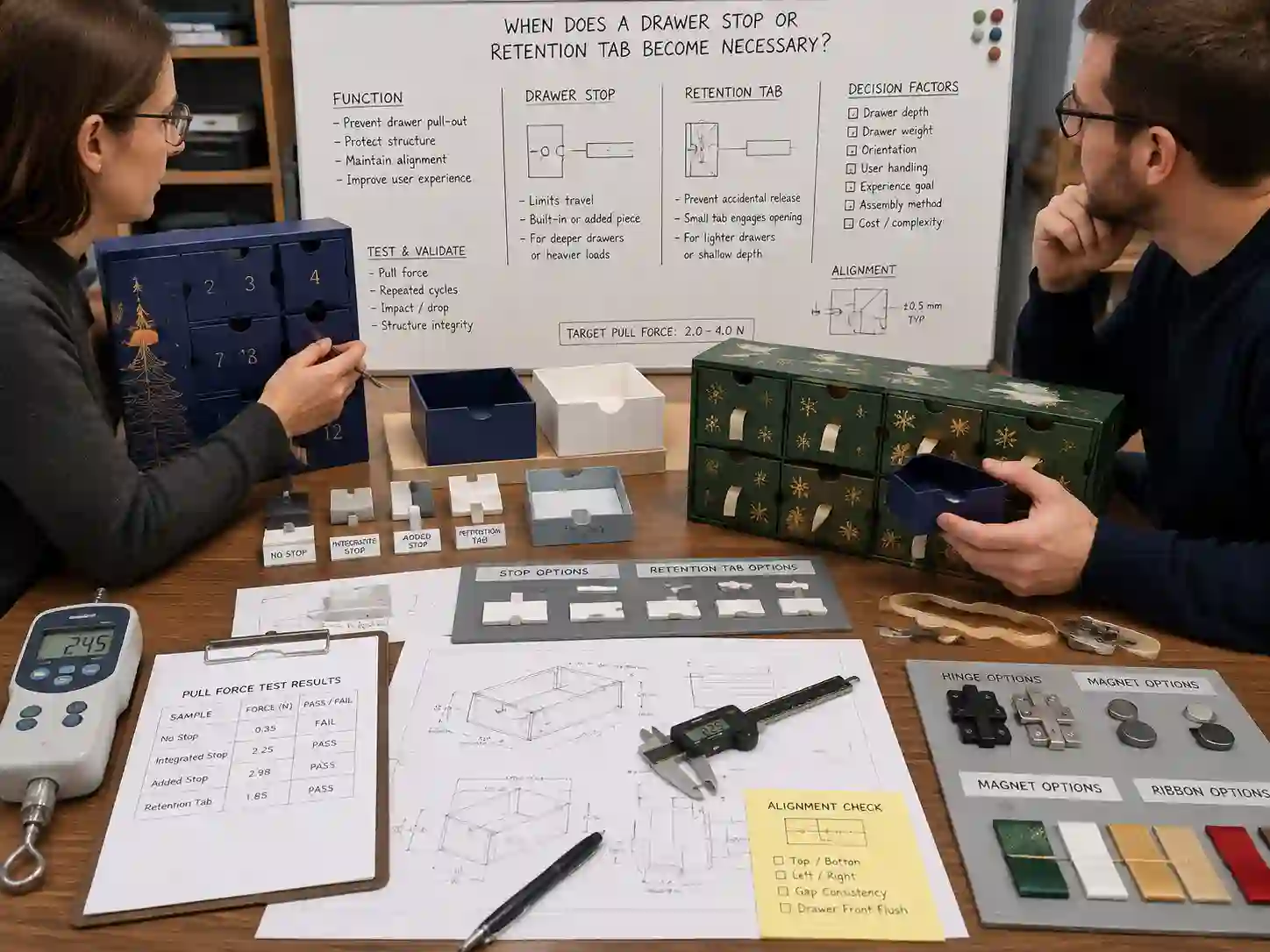 Packaging engineers reviewing drawer stop and retention tab design decisions for an advent calendar box structure