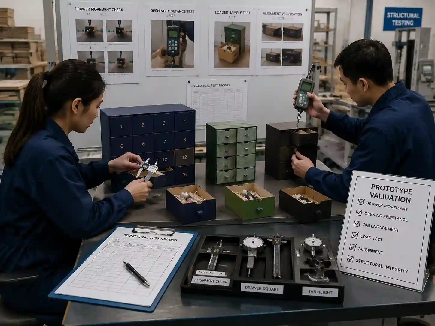 Technicians testing drawer movement and retention tab performance on advent calendar packaging prototypes
