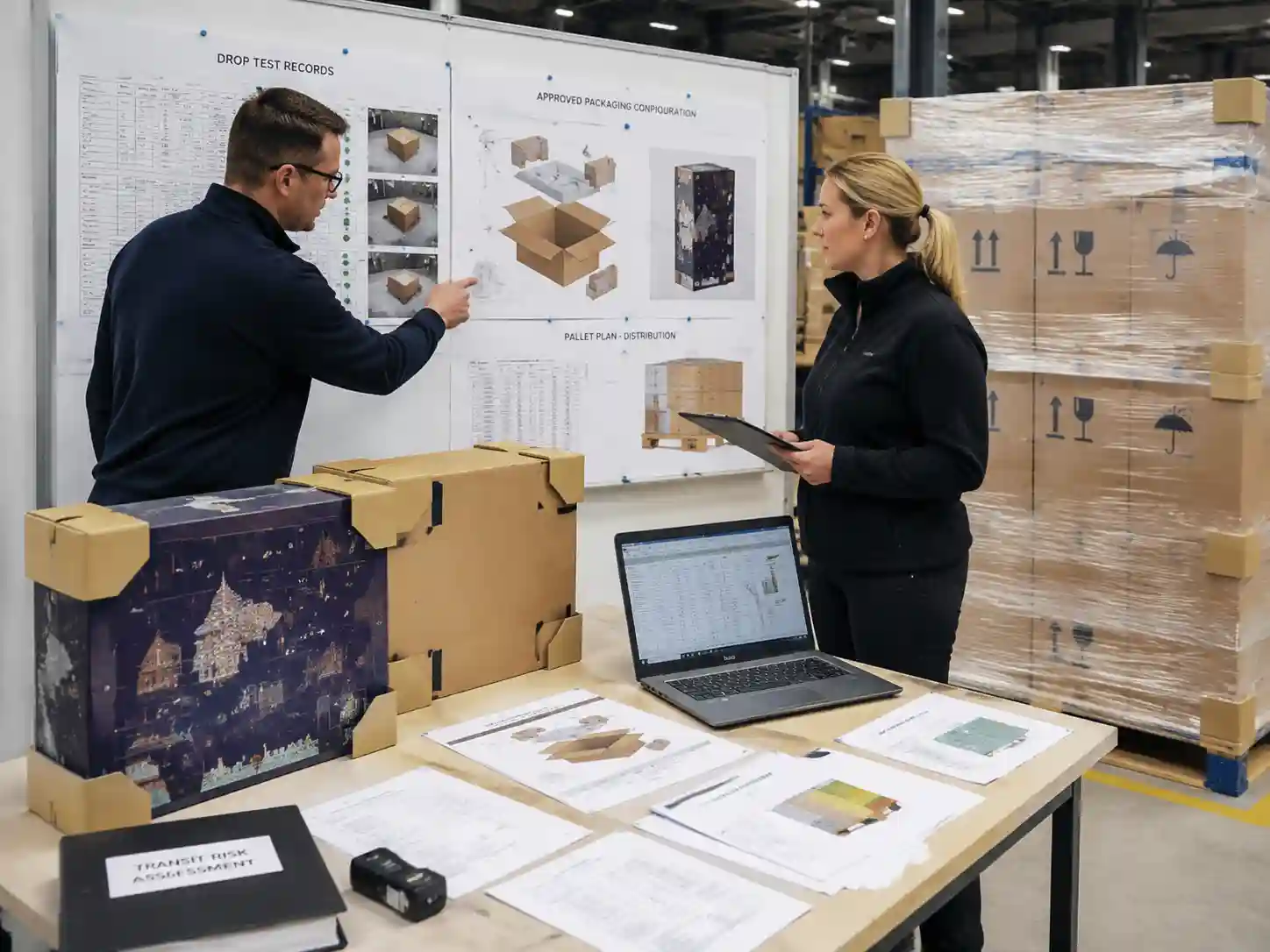 Packaging specialists reviewing ecommerce advent calendar drop testing records with master cartons and pallet plans.