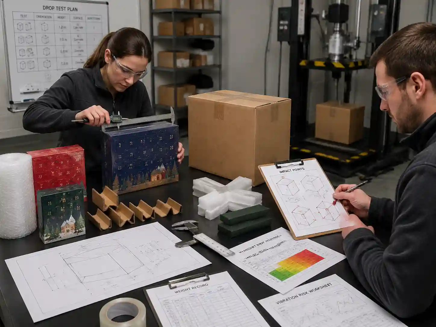 Packaging engineers preparing advent calendar drop test samples and reviewing transport risk evaluation.
