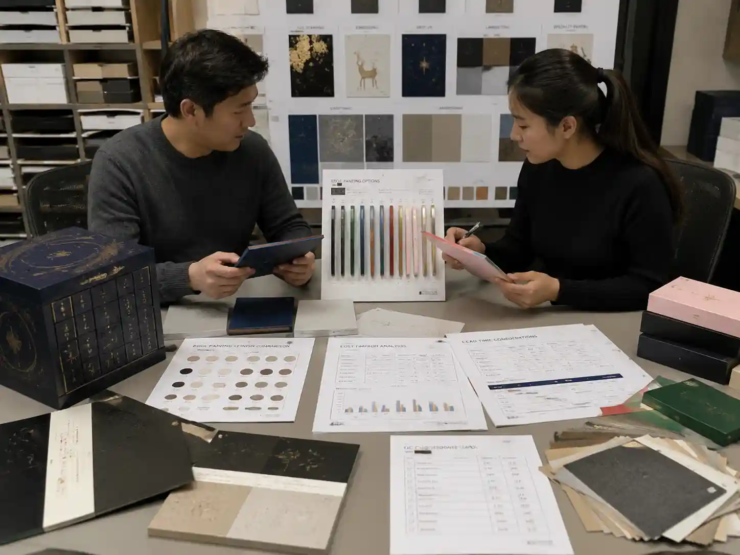 Packaging designers reviewing edge painting finish samples and premium packaging effects for cost and quality evaluation.