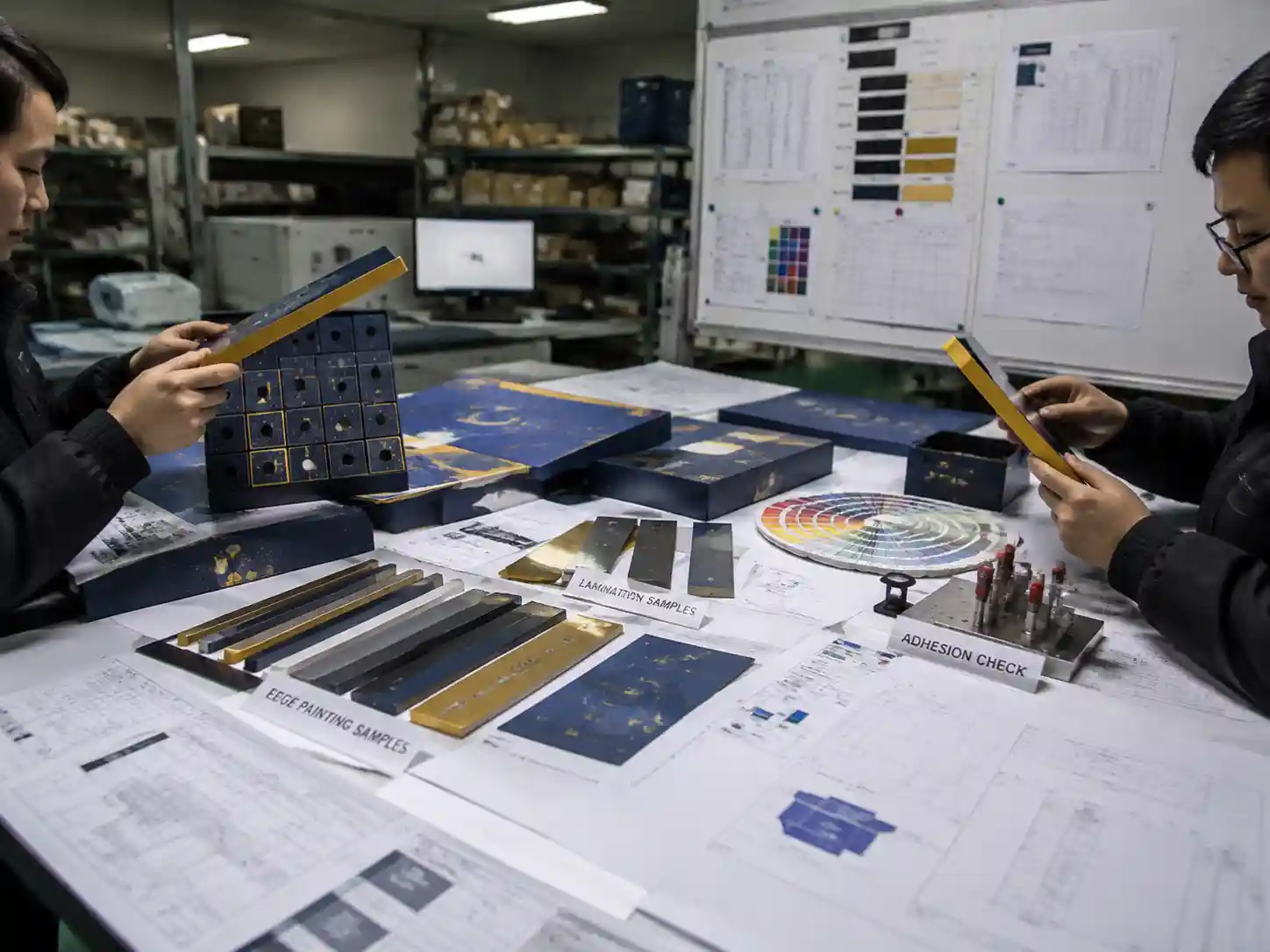 Packaging engineers testing edge-painted packaging samples and reviewing production requirements.
