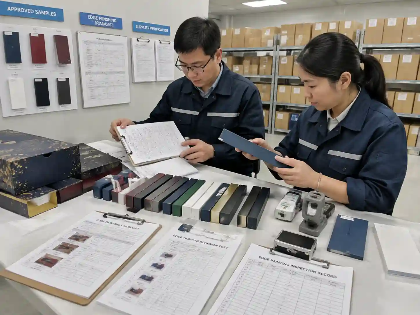 Quality control inspection of edge-painted packaging finishes with records and verification documents.