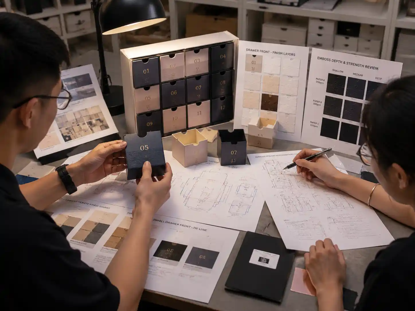 Packaging designers reviewing embossing effects and structural risks on small drawer fronts with premium finishing samples.