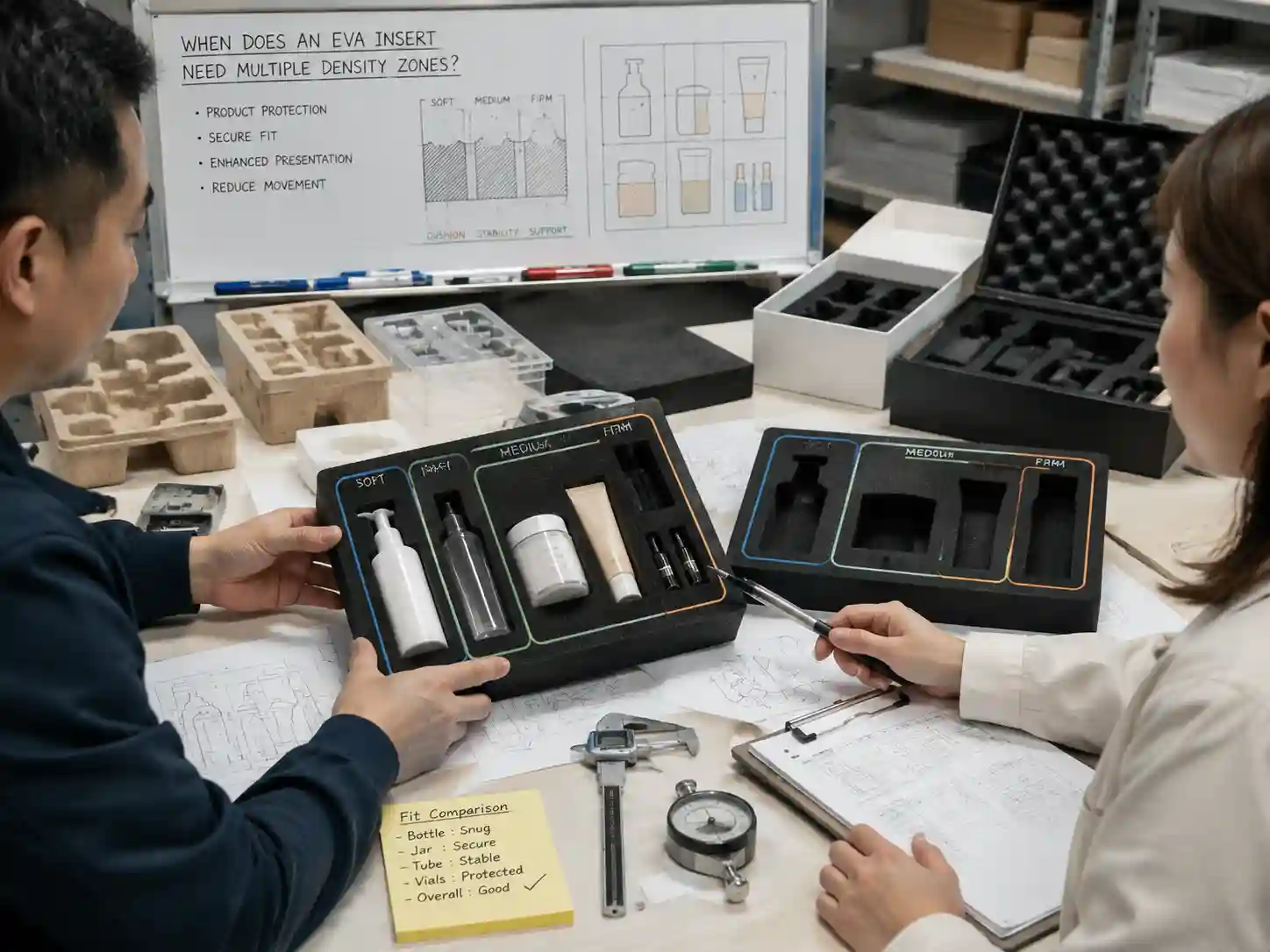 Packaging engineers reviewing multi density EVA insert prototypes with different cavity support zones