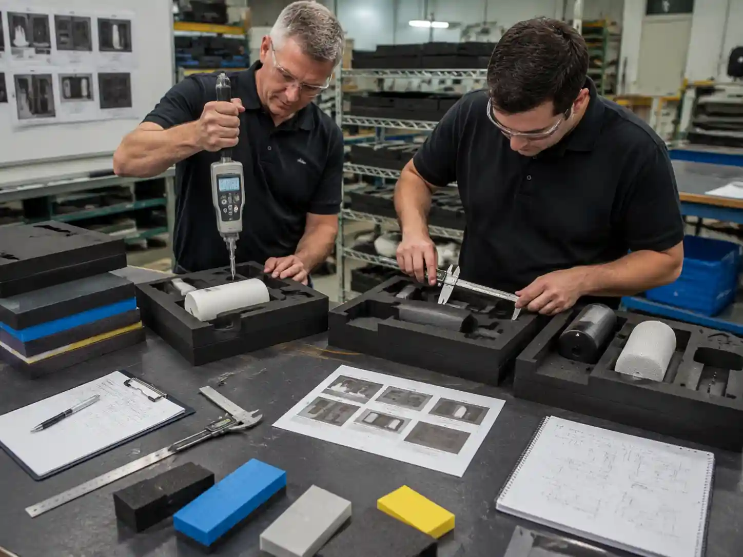 Technicians testing multi density EVA insert prototypes for product fit and retention performance